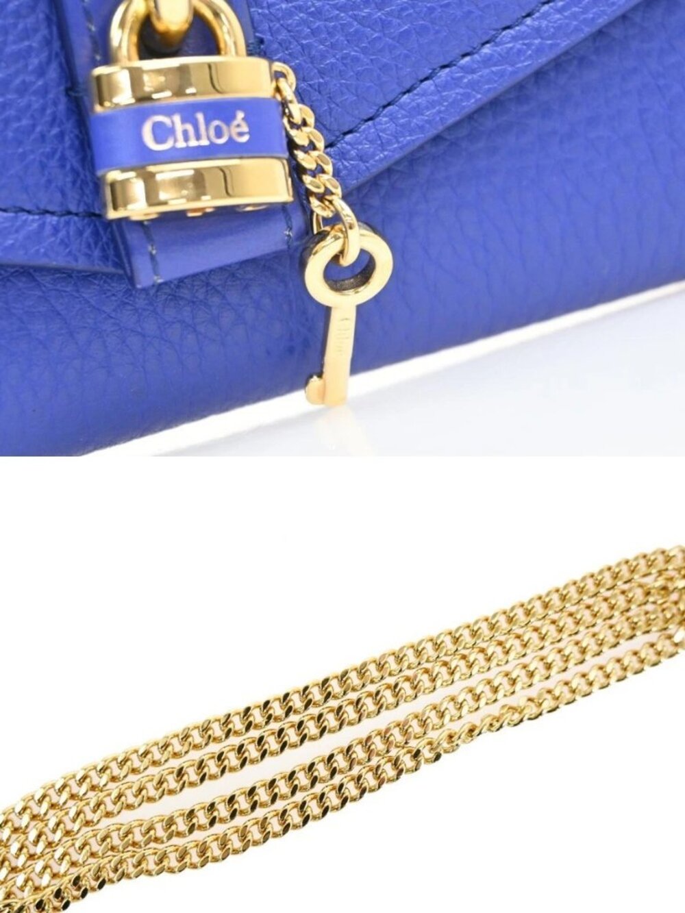 CHLOE Logo Aby Chain Shoulder Bifold Long Wallet Leather Blue GHW Spain 64MA495 - Picture 10 of 16